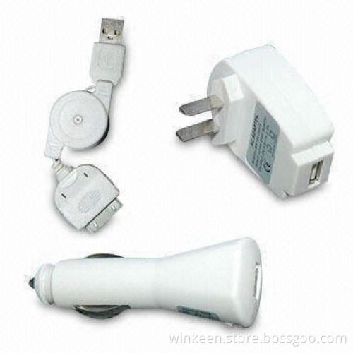 3-in-1 Travel Charger Kit for Smart Phones, Apple's iPod, iPhone and Other Digital Devices
